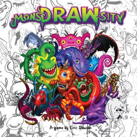 A vibrant game titled 'MonsDRAWsity' by Deep Water Games, featuring a colorful collection of whimsical monster designs. The cover showcases various imaginative monsters in greens, purples, reds, and blues, with playful expressions, set against a patterned background of sketches. The title 'MonsDRAWsity' is prominently displayed at the top in a fun, cartoonish font.