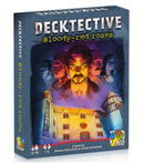 Decktective: Bloody Red Roses game box featuring a mysterious setting with a central character surrounded by ghostly images of other figures. The design includes stylized artwork and the game's title prominently displayed.