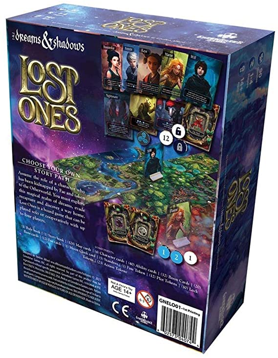 The back of the Lost Ones game box, showcasing vibrant artwork featuring characters and elements from the game. Includes a description of the gameplay, which involves choosing a character and navigating various story paths. The game is designed for ages 14 and up, and features components like character cards, map cards, and tokens, hinting at an adventure-filled experience.