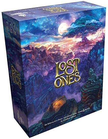 The game 'Lost Ones' by Greenbrier Games features a beautifully illustrated box with a fantastical landscape showcasing mountains and a night sky. The title 'Lost Ones' is prominently displayed in a whimsical font, suggesting a captivating adventure. The box also notes that it is an interactive story adventure designed by Gordon Alfred, making it appealing for gamers seeking immersive experiences.