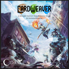 CardWeaver is a modern fantasy deck building game produced by ODAM PUBLISHING, featuring dynamic artwork of characters engaging in intense magical battles in an urban setting. The cover illustrates vibrant colors and imaginative scenes that draw players into a world of strategy and adventure.