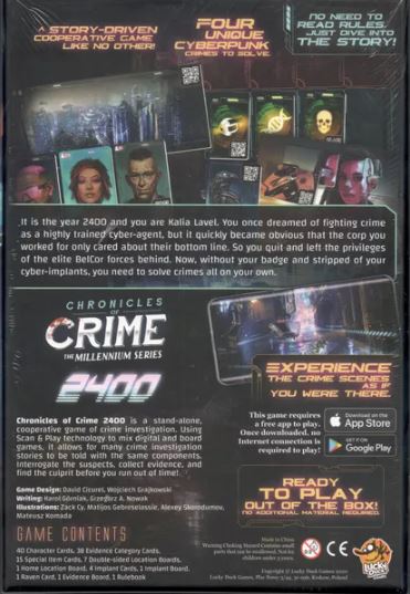 Chronicles of Crime: The Millennium is a cooperative game set in the year 2400 where players take on the role of cyber-agents to solve crimes in a detailed, story-driven environment. The game features rich artwork, character cards, a unique cyberpunk aesthetic, and interactive technology for immersive gameplay. Ideal for fans of mystery and strategy games.