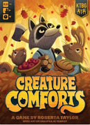 The box cover of the board game 'Creature Comforts' by Lucky Duck Games, featuring a raccoon, a rabbit, and another small animal happily gathering food and crafted items in a colorful autumn setting filled with leaves.