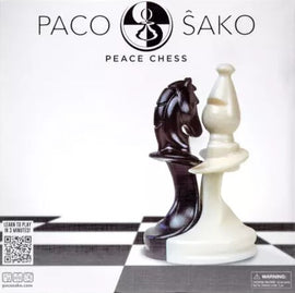 A close-up view of the Paco Sako Peace Chess game featuring a black knight and a white queen, positioned on a classic checkered chessboard. The product title and logo are prominently displayed above, emphasizing its unique design. This game is perfect for chess enthusiasts who appreciate creativity and strategy.