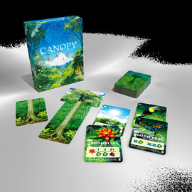The game Canopy by Weird City Games is displayed, featuring a vibrant box showcasing a lush jungle scene with birds. The game includes cards depicting various jungle elements such as trees, plants, and animals, and highlights the sun's role in the ecosystem. The cards illustrate species like Bromelia and Poison Frog, alongside their respective attributes. The game is set against a bright background that enhances its tropical theme.
