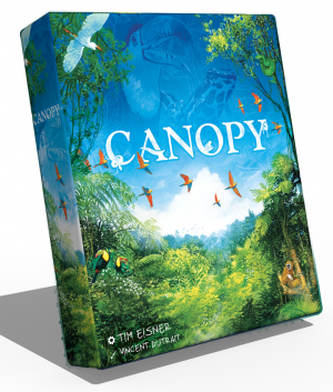 Canopy board game by Weird City Games showcasing a vibrant jungle scene on the box cover, featuring lush greenery, colorful birds, and a playful monkey. The title 'CANOPY' is prominently displayed in a stylized font, inviting players into a beautiful nature-themed adventure.