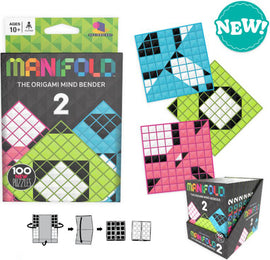 The Manifold Origami Mind Bender 2 by Brainwright features a vibrant, colorful packaging displaying the title and a preview of the puzzle squares. The packaging showcases assorted geometric designs in blue, pink, and green with a prominent 'NEW!' label and indicates that there are 100 new puzzles included. The image also illustrates a sequence of folds used to create the puzzles.