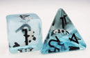 A stunning Lucky Koi Fish RPG Dice Set featuring a translucent blue die with black numbers and a unique triangular die adorned with a koi fish design. Ideal for tabletop gaming enthusiasts.