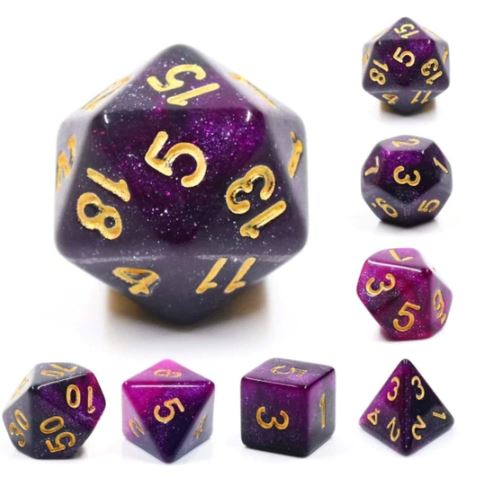 A striking Black & Purple Galaxy RPG Dice Set from Foam Brain Games. The set includes seven polyhedral dice featuring a captivating galaxy design with gold numbers for easy readability. Each die showcases a mix of deep black and vibrant purple hues, resembling a cosmic scene, perfect for tabletop role-playing games.