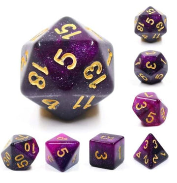 A striking Black & Purple Galaxy RPG Dice Set from Foam Brain Games. The set includes seven polyhedral dice featuring a captivating galaxy design with gold numbers for easy readability. Each die showcases a mix of deep black and vibrant purple hues, resembling a cosmic scene, perfect for tabletop role-playing games.