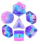 A vibrant Purple Sky RPG Dice Set featuring various polyhedral dice in a gradient of purple and blue. The set includes a d20, d12, d10, d8, d6, and d4, each displaying silver numbers for easy readability. Ideal for tabletop gaming enthusiasts and role-playing games.