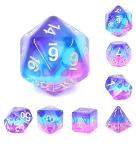 A vibrant Purple Sky RPG Dice Set featuring a mix of deep purple and vivid blue colors with shimmering silver numbers. The set includes various polyhedral dice in different shapes, perfect for tabletop role-playing games. Each die showcases a smooth, glossy finish, enhancing both the aesthetics and functionality of your gaming experience.