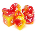 A vibrant Rising Phoenix RPG Dice Set featuring seven polyhedral dice in a fiery gradient of red and orange with white numbers. The set includes various dice shapes, including d4, d6, d8, d10, d12, and d20, perfect for tabletop role-playing games.