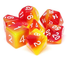 A vibrant Rising Phoenix RPG Dice Set featuring seven polyhedral dice in a fiery gradient of red and orange with white numbers. The set includes various dice shapes, including d4, d6, d8, d10, d12, and d20, perfect for tabletop role-playing games.