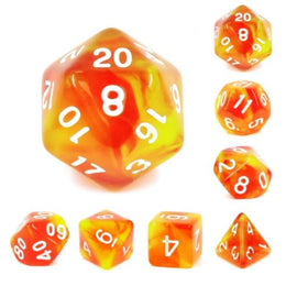 Rising Phoenix RPG Dice Set by Foam Brain Games featuring a vibrant array of polyhedral dice in fiery orange and yellow colors. The set includes various shaped dice showcasing clear white numerals for easy readability, perfect for tabletop RPG games. Each die is designed with smooth edges for effortless rolling, making this set an essential addition for gamers seeking both style and functionality.