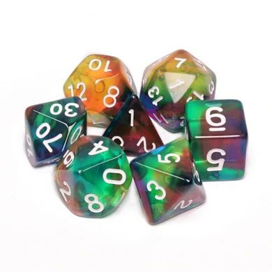 A colorful set of RPG dice featuring various shapes and vibrant hues of green, orange, and yellow. The dice include numbers clearly printed in white, perfect for tabletop gaming sessions.