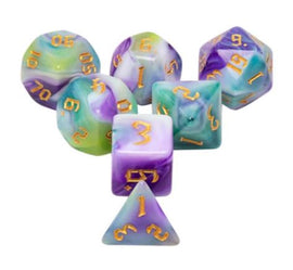 A vibrant Siberian Iris RPG dice set featuring seven polyhedral dice in a variety of shapes and colors, including green, purple, and blue with golden numbers. Perfect for tabletop RPG adventures, this set enhances gameplay with its beautiful design.