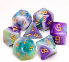 A vibrant Siberian Iris RPG Dice Set featuring a variety of polyhedral dice in shades of purple, green, and blue with gold numbering. The set includes seven dice, showcasing unique swirls and patterns that enhance the visual appeal, perfect for tabletop gaming.