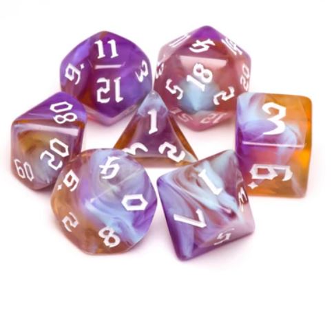 A vibrant Amethyst Sunset RPG Dice Set featuring seven polyhedral dice in various shapes. The dice are a beautiful blend of purple and orange hues with white numerals, perfect for tabletop gaming.