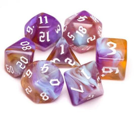A vibrant Amethyst Sunset RPG Dice Set featuring seven polyhedral dice in various shapes. The dice are a beautiful blend of purple and orange hues with white numerals, perfect for tabletop gaming.