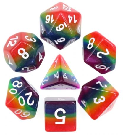 A vibrant Rainbow Dice RPG Dice Set displaying various colorful polyhedral dice including a d20, d12, d10, d8, d6, and d4. Each die features a rainbow gradient with clear white numbering, perfect for tabletop RPG gaming.