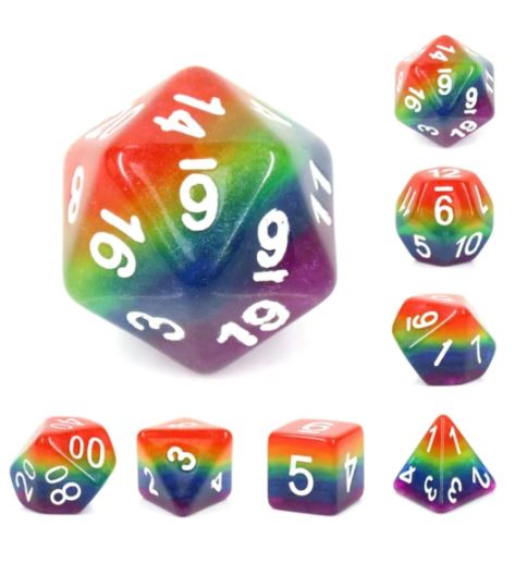 A vibrant set of Rainbow RPG dice featuring various polyhedral shapes including a D20, D12, D10, D8, D6, and D4. Each die is adorned with bright rainbow colors and crisp white numbers, perfect for tabletop gaming and role-playing adventures.