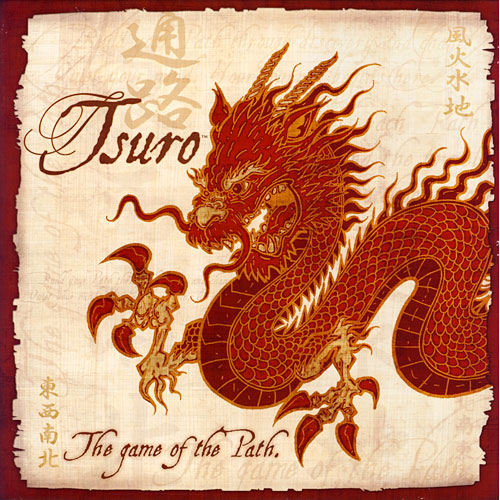 The Tsuro board game designed by Calliope features a striking illustration of a red dragon intertwined with elegant patterns. The title 'Tsuro' is displayed prominently at the top, with the subtitle 'The game of the Path' below. This visually captivating box art entices players to explore the journey of creating paths while avoiding obstacles.