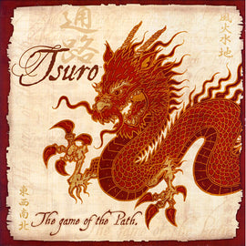 The Tsuro board game designed by Calliope features a striking illustration of a red dragon intertwined with elegant patterns. The title 'Tsuro' is displayed prominently at the top, with the subtitle 'The game of the Path' below. This visually captivating box art entices players to explore the journey of creating paths while avoiding obstacles.