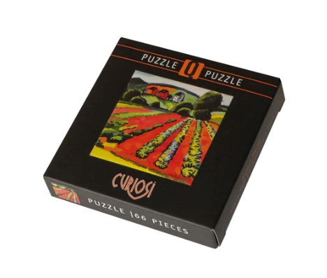 Q Puzzle Art2: Q1-7 jigsaw puzzle by Curiosi featuring a vibrant image of a landscape with colorful fields. The box contains 166 pieces, designed for puzzle enthusiasts.