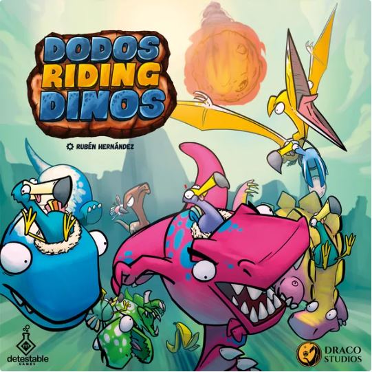 Dodo's Riding Dinosaurs game box featuring colorful, cartoon-style dinosaurs and dodos. The cover illustrates various characters riding vibrant dinosaurs in a prehistoric setting, with whimsical designs and playful expressions. The title is prominently displayed in bold letters at the top.
