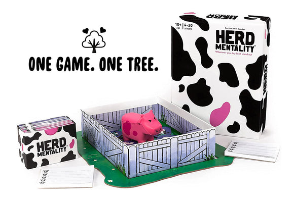 Herd Mentality game by Big Potato Games featuring a playful pink pig inside a fenced pasture. The game box displays vibrant cow print and the tagline 'One Game. One Tree.' The set includes question cards and a scoreboard for fun group play.