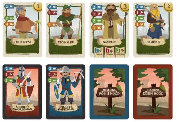 A colorful card game titled 'Rescuing Robin Hood' by CASTILLO GAMES. The image showcases multiple character cards featuring heroes like Tib Fortat and Reginalde, along with Sheriff cards such as Sheriff's Swordsman and Marksman. Each card displays unique attributes like Prating, Cooking, and Scouting, set against a vibrant forest background, inviting players to engage in strategic gameplay.