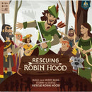 Image of the board game 'Rescuing Robin Hood' by CASTILLO GAMES. The cover features colorful, animated characters including Robin Hood wielding a sword, and fellow characters like a knight and a lady. The background depicts a forest and a castle. The title is prominently displayed on a wooden banner at the bottom, with a tagline encouraging players to build a merry band and storm the castle.