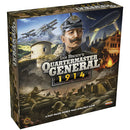 The box of 'Quartermaster General: 1914,' a strategic board game by Ares Games. The artwork features a determined general amidst war scenes, with airplanes overhead and a battlefield depicted. The title is prominently displayed at the bottom, showcasing its engaging, historical theme.