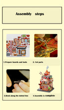 A DIY kit from Travel the World Clothing Shop by Mu Model featuring assembly steps. The image shows tools and parts arranged in four stages: preparing materials, cutting parts, bending components, and the completed assembly of a detailed model.