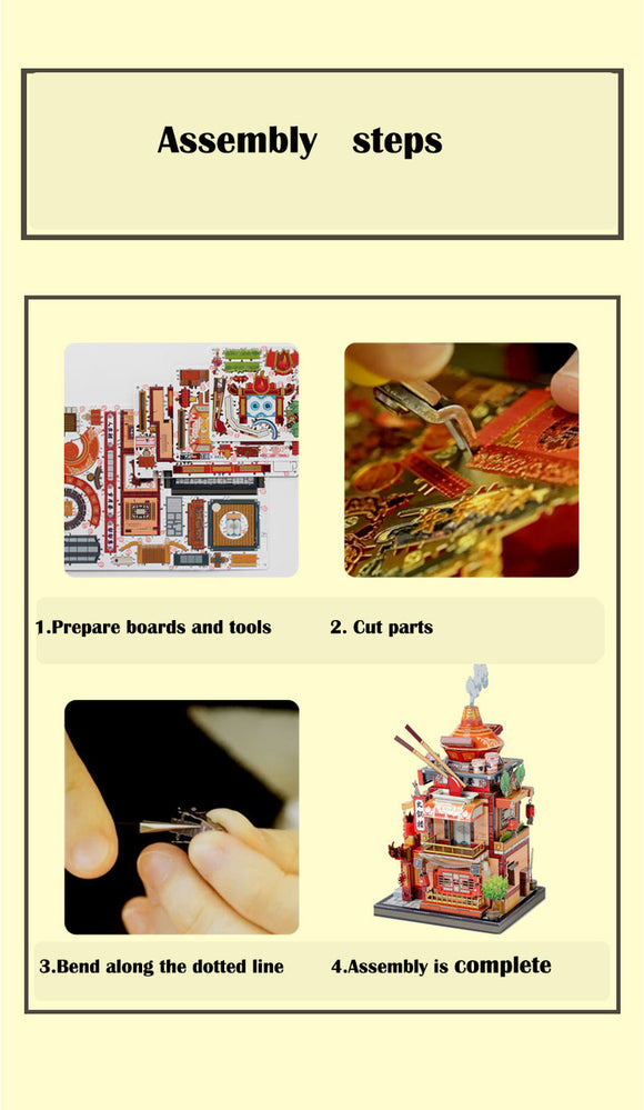 A DIY kit from Travel the World Clothing Shop by Mu Model featuring assembly steps. The image shows tools and parts arranged in four stages: preparing materials, cutting parts, bending components, and the completed assembly of a detailed model.