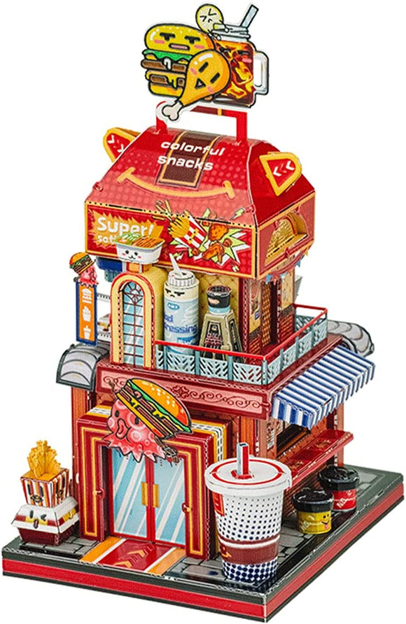 The Travel the World Burger Shop is a colorful DIY model kit featuring a vibrant burger shop design. It showcases intricate details such as a striped awning, an assortment of colorful snacks, and various food items like burgers, fries, and drinks, all crafted from quality materials. Perfect for building and decorating enthusiasts, this kit provides an engaging hands-on experience for all ages.
