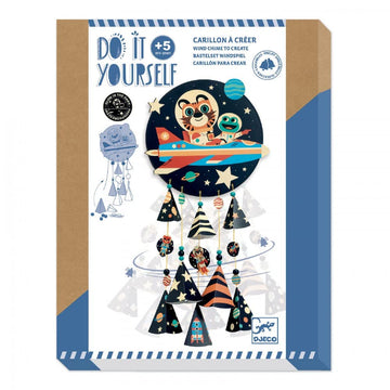 The Windchime Skyrocket DIY kit by Mu Model features a colorful design for children aged 5 and up. The kit includes various hanging elements like stars, a rocket ship, and playful characters. It encourages creativity and imaginative play, showcasing bright illustrations perfect for a child's room.