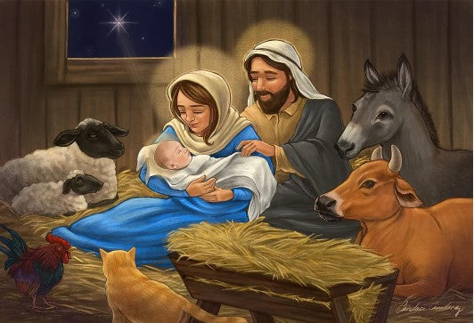 A beautifully illustrated jigsaw puzzle depicting The Holy Family in a stable setting. Mary holds baby Jesus, while Joseph stands by her side. Surrounding them are animals, including a sheep, cow, donkey, and rooster, set against a night sky with a bright star visible through the window.