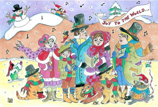 Joy To The World Wooden Puzzle features a vibrant winter scene with singing carolers dressed in colorful outfits, surrounded by snowmen and playful dogs. The whimsical illustration captures the joy of the holiday season, perfect for puzzle enthusiasts.