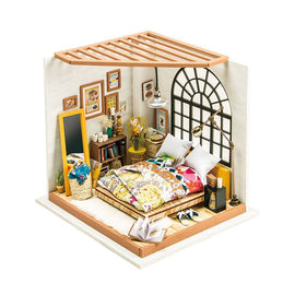 Alice's Dreamy Bedroom Model Kit by Robotime is a detailed DIY kit featuring a miniature bedroom scene. Includes colorful bedding, nightstand, bookshelves, decorative items, and a large window. Ideal for craft enthusiasts who love creating realistic model environments.