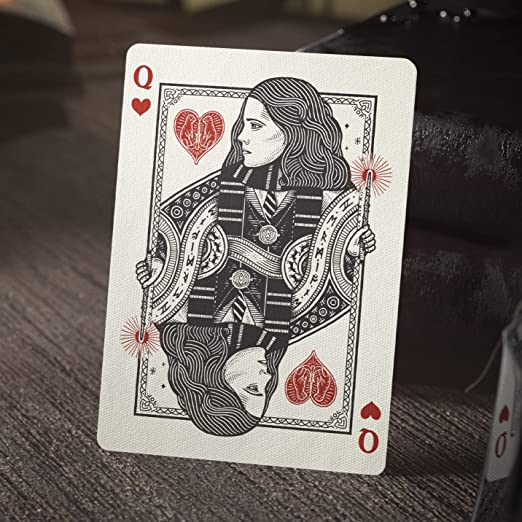 Harry Potter-themed card featuring the Queen of Hearts, designed by Theory 11. The card showcases intricate illustrations and a vintage design aesthetic, reflecting the magic of Ravenclaw house.