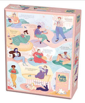 Cobble Hill's Literary Women jigsaw puzzle. Features colorful illustrations of diverse women reading in various cozy settings, surrounded by quotes about literature. Ideal for book lovers and puzzle enthusiasts, this 1000-piece puzzle offers a delightful challenge and a celebration of literary appreciation.