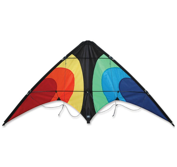 The Lightning Rainbow Kite by Premier Kites features a vibrant design with bright red, yellow, green, blue, and black colors creating a stunning visual. The kite is designed for stable flight and easy maneuverability, ideal for fun outdoor activities.