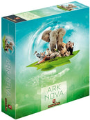 Ark Nova, a board game by Capstone Games, features an artistic box design showcasing various animals including an elephant, tiger, and bear amidst green leaves and a whimsical background.
