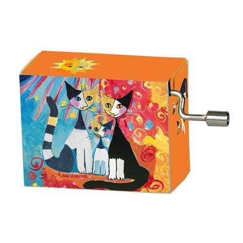 Dolce Vita Music Box featuring a colorful design of three cats against a vibrant background, designed by fridolin. The box has a winding mechanism for playing 'For Elise', making it a charming decorative piece.