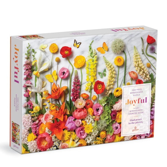 The Joyful jigsaw puzzle by Galison features a vibrant floral design, showcasing a variety of colorful flowers including lilies, roses, and daisies. The box contains 1000 pieces and includes a mindfulness exercise guide, encouraging relaxation and focus while assembling the puzzle. It has a visually appealing layout with butterflies and greenery, perfect for enhancing your puzzle collection and promoting mindfulness.