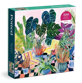 Potted jigsaw puzzle box featuring a vibrant illustration of colorful plants in various pots, accompanied by striped chairs. The puzzle consists of 500 pieces and is made by Galison, perfect for plant lovers and puzzle enthusiasts.