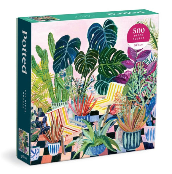 Potted jigsaw puzzle box featuring a vibrant illustration of colorful plants in various pots, accompanied by striped chairs. The puzzle consists of 500 pieces and is made by Galison, perfect for plant lovers and puzzle enthusiasts.