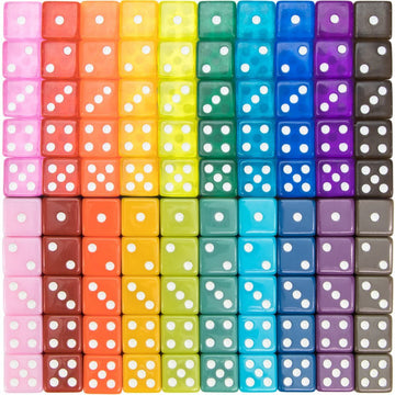 A vibrant array of vintage dice in a gradient of colors including pink, red, orange, yellow, green, blue, and purple. Each die features white dots representing numbers. The set showcases various shades and is perfect for gaming and collectors.